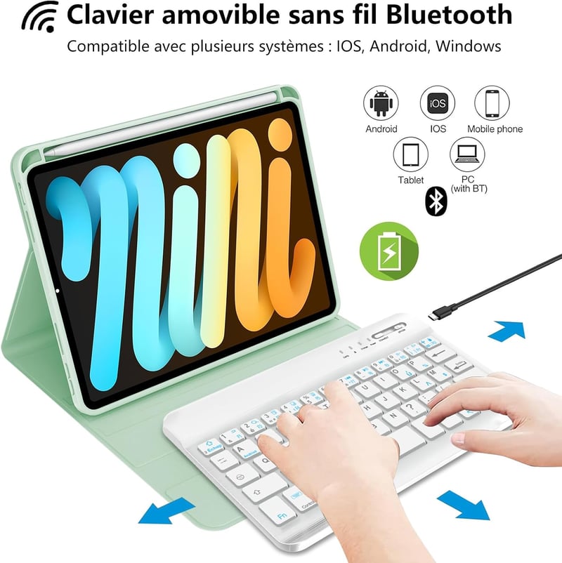 IVEOPPE iPad Mini 7/6 8.3" Billentyűzet AZERTY Francia Zöld Leválasztható
