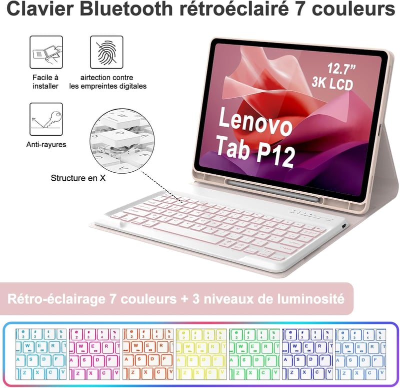 IVEOPPE Lenovo Tab P12 12,7" Billentyűzetes Tok AZERTY Hátérvilágítás