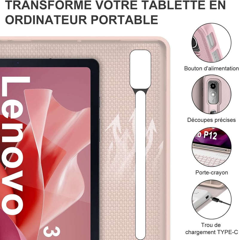 IVEOPPE Lenovo Tab P12 12,7" Billentyűzetes Tok AZERTY Hátérvilágítás