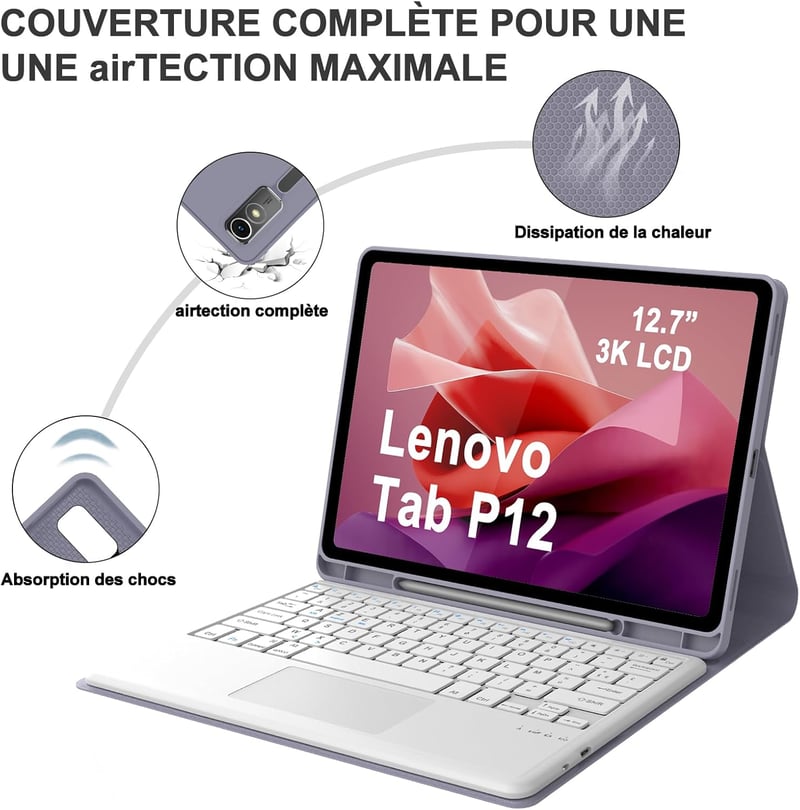 IVEOPPE Lenovo Tab P12 12,7" Billentyűzetes Tok AZERTY Lavanda