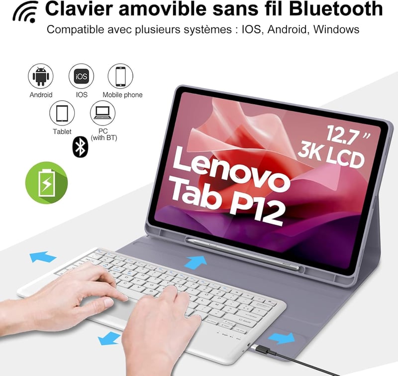 IVEOPPE Lenovo Tab P12 12,7" Billentyűzetes Tok AZERTY Lavanda