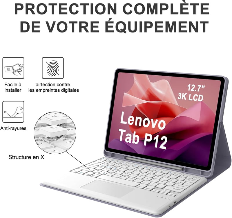 IVEOPPE Lenovo Tab P12 12,7" Billentyűzetes Tok AZERTY Lavanda