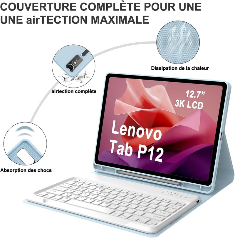 IVEOPPE Lenovo Tab P12 12.7" Leválasztható AZERTY Billentyűzet Tok Égkék