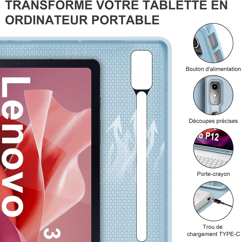 IVEOPPE Lenovo Tab P12 12.7" Leválasztható AZERTY Billentyűzet Tok Égkék