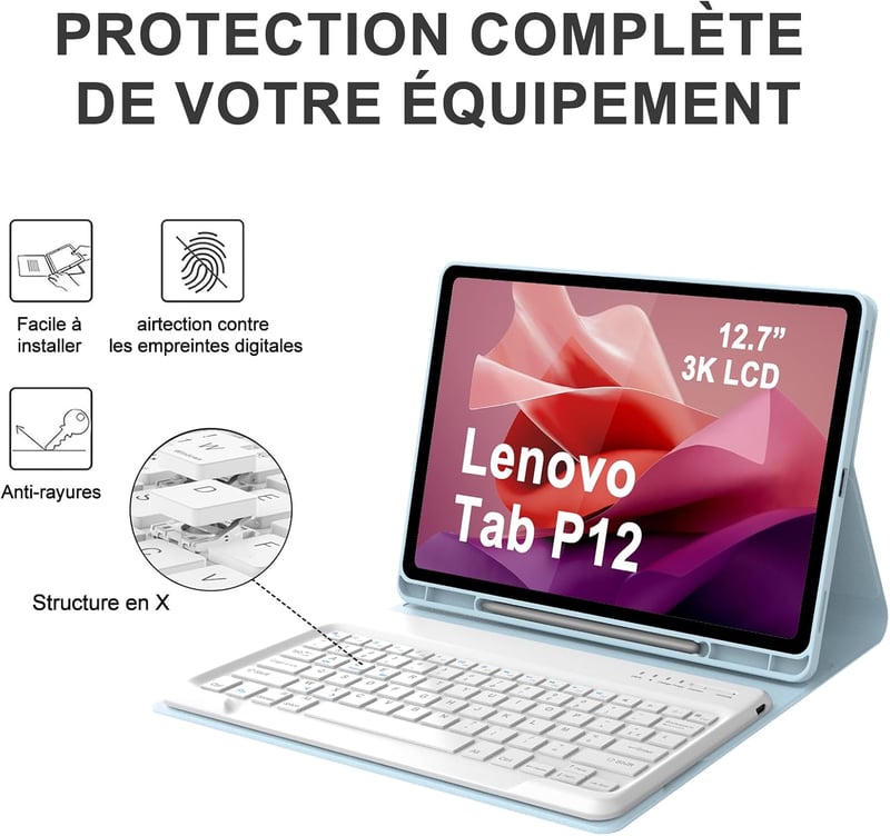 IVEOPPE Lenovo Tab P12 12.7" Leválasztható AZERTY Billentyűzet Tok Égkék