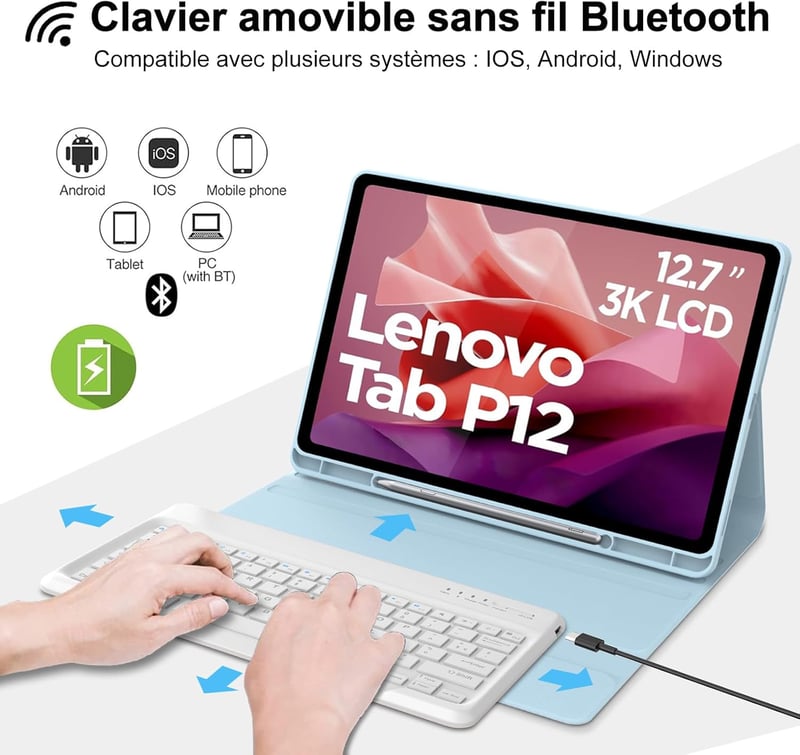 IVEOPPE Lenovo Tab P12 12.7" Leválasztható AZERTY Billentyűzet Tok Égkék