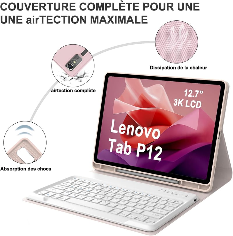 IVEOPPE Lenovo Tab P12 12,7" Védőtok AZERTY Billentyűzettel Rózsaszín