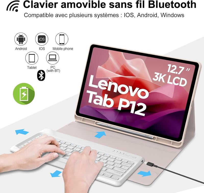 IVEOPPE Lenovo Tab P12 12,7" Védőtok AZERTY Billentyűzettel Rózsaszín