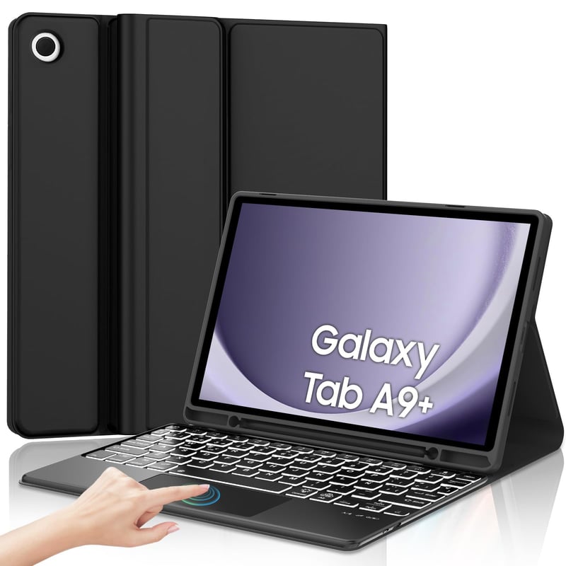 IVEOPPE Puzdro s klávesnicou a touchpadom pre Samsung Galaxy Tab A9 Plus 11", španielske rozloženie, odnímateľné podsvietenie, Bluetooth, čierne
