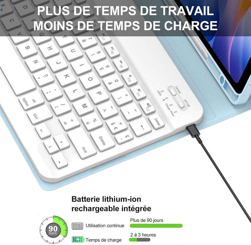 IVEOPPE Xiaomi Redmi Pad SE és Redmi Pad 2 11 hüvelykes levehető Bluetooth billentyűzet tok tolltartóval világoskék AZERTY francia kiosztáss