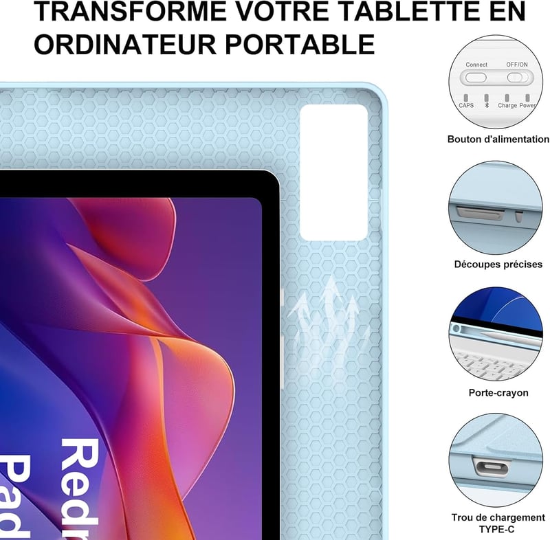 IVEOPPE Xiaomi Redmi Pad SE és Redmi Pad 2 11 hüvelykes levehető Bluetooth billentyűzet tok tolltartóval világoskék AZERTY francia kiosztáss