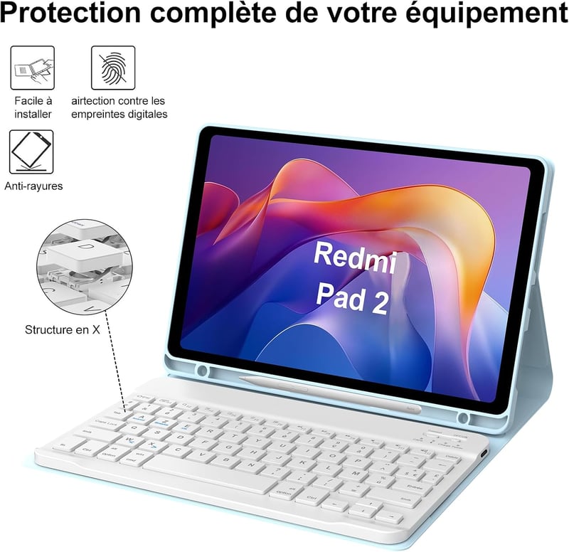 IVEOPPE Xiaomi Redmi Pad SE és Redmi Pad 2 11 hüvelykes levehető Bluetooth billentyűzet tok tolltartóval világoskék AZERTY francia kiosztáss