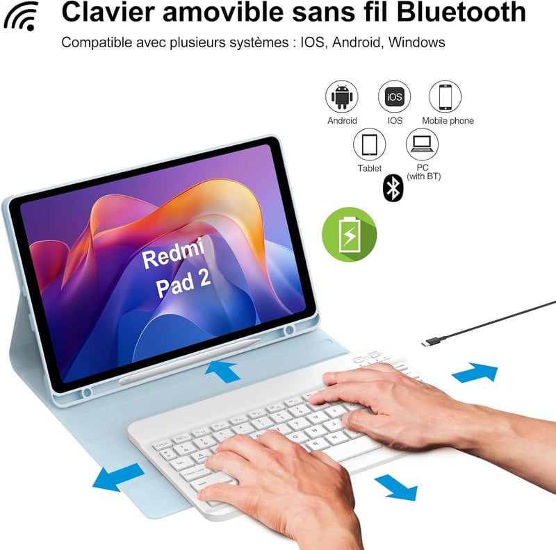 IVEOPPE Xiaomi Redmi Pad SE és Redmi Pad 2 11 hüvelykes levehető Bluetooth billentyűzet tok tolltartóval világoskék AZERTY francia kiosztáss