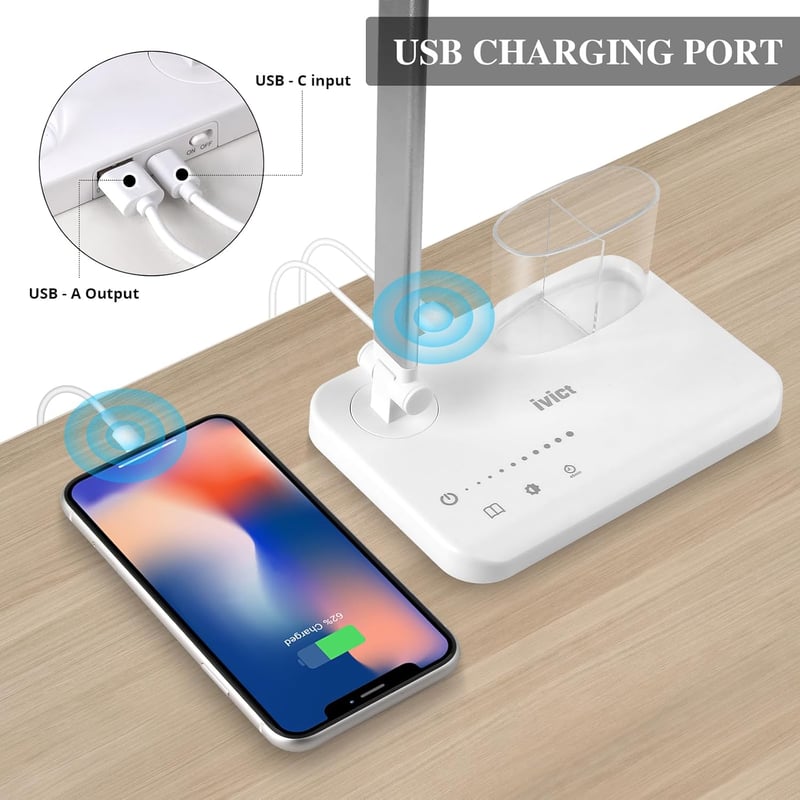 iVict Dupla Karos LED Íróasztali Lámpa - 5 Fényerősség, Érintésvezérlés, 45 Perces Időzítő, USB Töltőport, Memória Funkció, Fehér