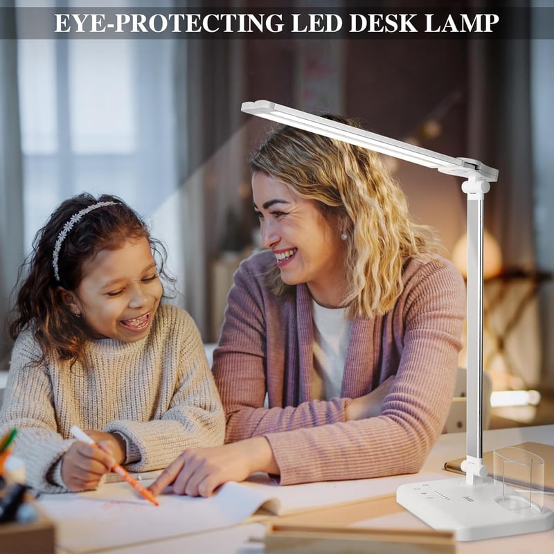 iVict Dupla Karos LED Íróasztali Lámpa - 5 Fényerősség, Érintésvezérlés, 45 Perces Időzítő, USB Töltőport, Memória Funkció, Fehér