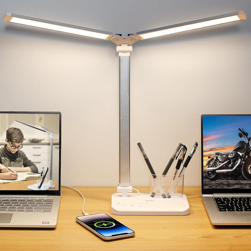 iVict Dupla Karos LED Íróasztali Lámpa - 5 Fényerősség, Érintésvezérlés, 45 Perces Időzítő, USB Töltőport, Memória Funkció, Fehér