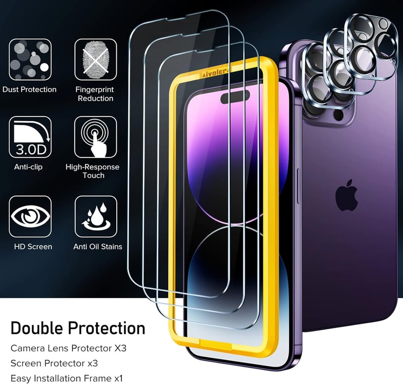 ivoler 3+3 Edzett Üveg Képernyővédő Fólia iPhone 14 Pro 6.1" Készülékhez - 9H Keménységű HD Átlátszó Védőfólia Kamera Védelemmel és Pozicion