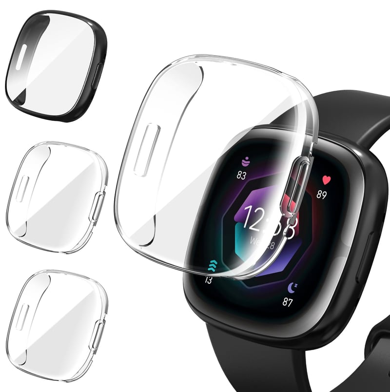 ivoler 3 ks ochranného krytu s ochranou displeja pre inteligentné hodinky Fitbit Versa 4 / Fitbit Sense 2, nárazuvzdorné, odolné proti poškriabaniu, tenké TPU puzdro, 2 priehľadné + 1 čierne