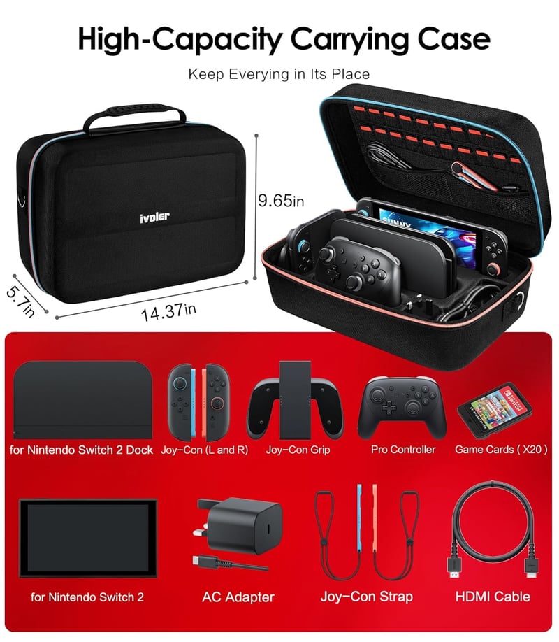 ivoler Nintendo Switch 2 kemény hordtáska, védőtok konzolhoz és kiegészítőkhöz - 7.9", Black