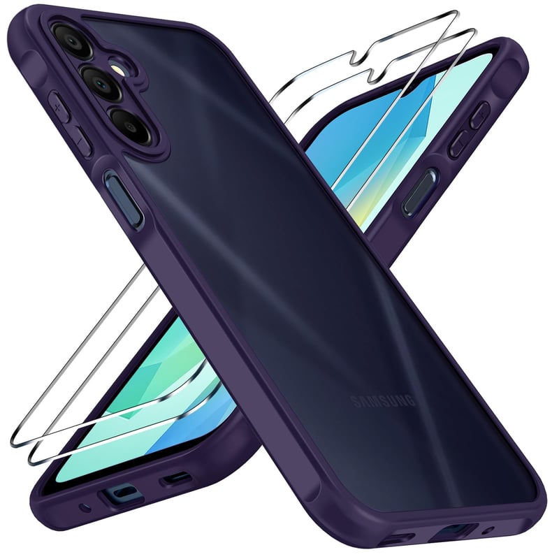 ivoler kryt pre Samsung Galaxy A16 4G / A16 5G s 2 ks tvrdeného skla, vojenská úroveň odolnosti voči nárazom, ochrana fotoaparátu, matný polopriehľadný, odolný voči odtlačkom prstov, fialový