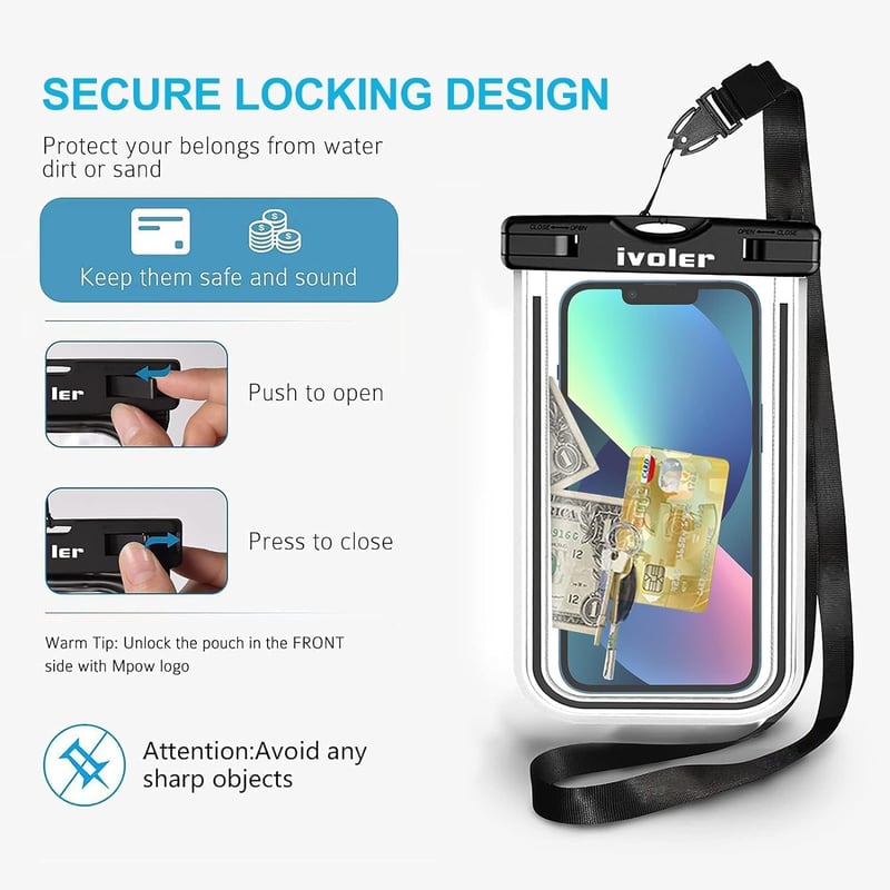 Husă impermeabilă pentru telefon iVoler, 2 bucăți, IPX8, geantă uscată universală fluorescentă pentru iPhone Samsung, 6.2", Negru