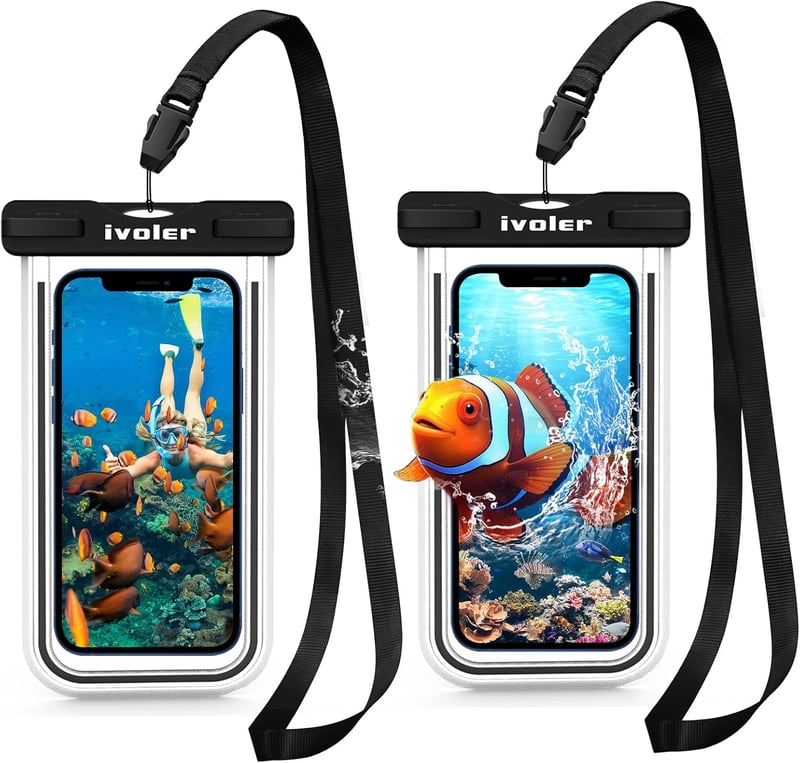 Husă impermeabilă pentru telefon iVoler, 2 bucăți, IPX8, geantă uscată universală fluorescentă pentru iPhone Samsung, 6.2", Negru