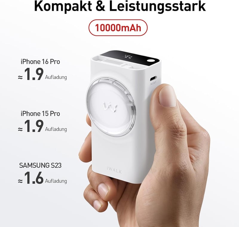 iWALK 10000 mAh Power Bank 30W PD, beépített USB-C kábellel, 3 kimenettel