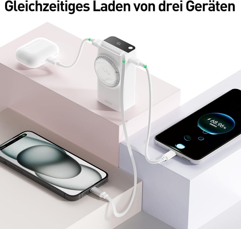 iWALK 10000 mAh Power Bank 30W PD, beépített USB-C kábellel, 3 kimenettel