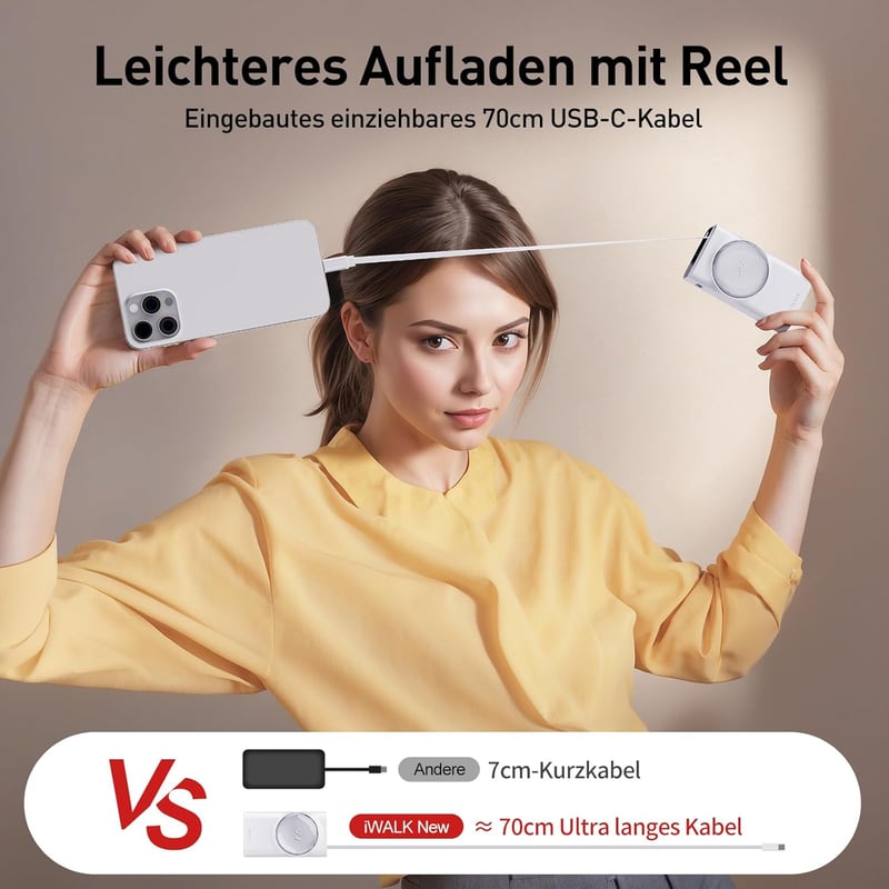 iWALK 10000 mAh Power Bank 30W PD, beépített USB-C kábellel, 3 kimenettel