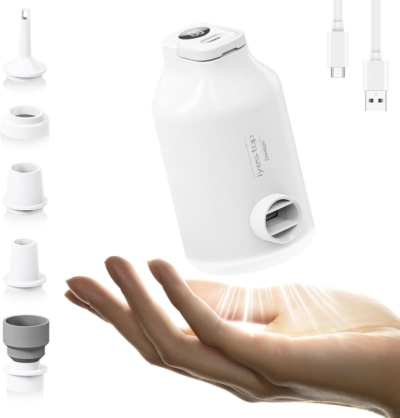 Pompă de aer electrică cu acumulator iyes.top pentru saltele gonflabile, saci de vidat, cu 5 duze, funcție de dezumflare, pentru colace de înot, cu lampă de camping