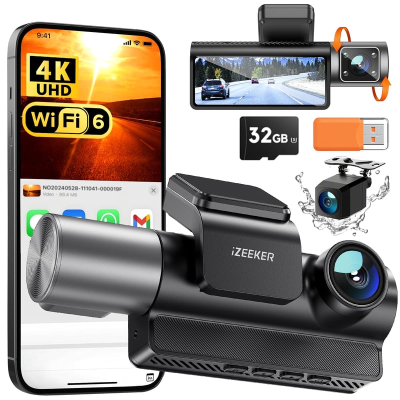 Autokamera iZEEKER 4K s 32GB kartou, 3-kanálová palubná kamera (predná, zadná a vnútorná), WiFi 6, IR nočné videnie, G-senzor, parkovací režim, WDR