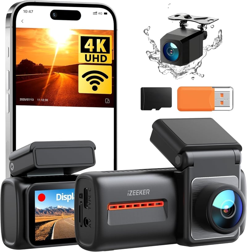 Cameră auto iZEEKER 4K față și 1080P spate, cu WiFi, sistem dual de înregistrare, ecran IPS de 2.99 inchi, vedere nocturnă, senzor G și card SD de 32GB, monitorizare parcare