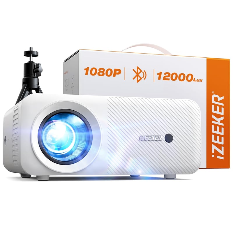 iZEEKER Mini Bluetooth Projektor 12000 Lúmenov s Rozlíšením 1080P, So Statívom - Domáce Kino, Kompatibilný s iOS, Android, PC, HDMI, USB, PS5, Xbox