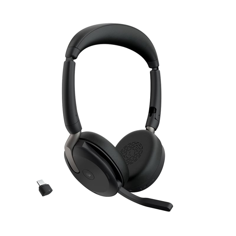 Căști stereo Bluetooth Jabra Evolve2 65 Flex, cu pad de încărcare wireless, tehnologie de anulare a zgomotului ClearVoice și ANC hibrid, certificate MS Teams, negru