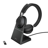 Bezdrôtové PC slúchadlá Jabra Evolve2 65 s nabíjacím stojanom, stereofónne slúchadlá s potlačením hluku a certifikáciou UC, dlhá výdrž batérie, USB-A Bluetooth adaptér 1
