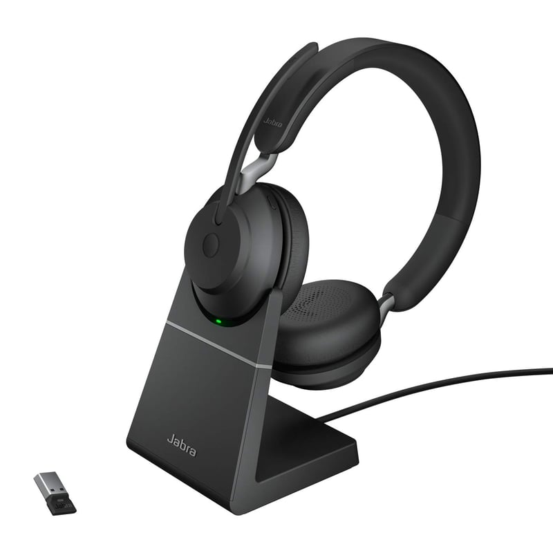 Bezdrôtové PC slúchadlá Jabra Evolve2 65 s nabíjacím stojanom, stereofónne slúchadlá s potlačením hluku a certifikáciou UC, dlhá výdrž batérie, USB-A Bluetooth adaptér