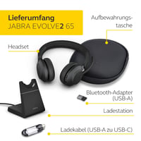 Bezdrôtové PC slúchadlá Jabra Evolve2 65 s nabíjacím stojanom, stereofónne slúchadlá s potlačením hluku a certifikáciou UC, dlhá výdrž batérie, USB-A Bluetooth adaptér 8