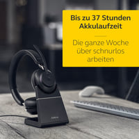 Bezdrôtové PC slúchadlá Jabra Evolve2 65 s nabíjacím stojanom, stereofónne slúchadlá s potlačením hluku a certifikáciou UC, dlhá výdrž batérie, USB-A Bluetooth adaptér 5