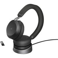 Cască wireless pentru PC Jabra Evolve2 75 cu stație de încărcare, tehnologie cu 8 microfoane, anulare activă a zgomotului, USB-A Bluetooth, compatibilă MS, negru 1