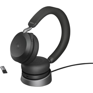 Cască wireless pentru PC Jabra Evolve2 75 cu stație de încărcare, tehnologie cu 8 microfoane, anulare activă a zgomotului, USB-A Bluetooth, compatibilă MS, negru