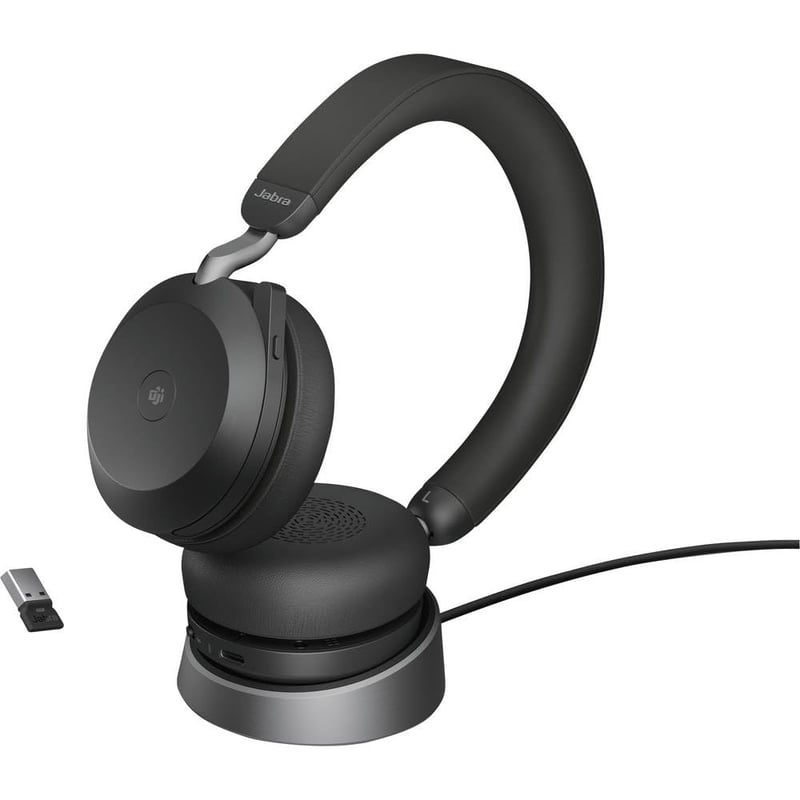 Cască wireless pentru PC Jabra Evolve2 75 cu stație de încărcare, tehnologie cu 8 microfoane, anulare activă a zgomotului, USB-A Bluetooth, compatibilă MS, negru