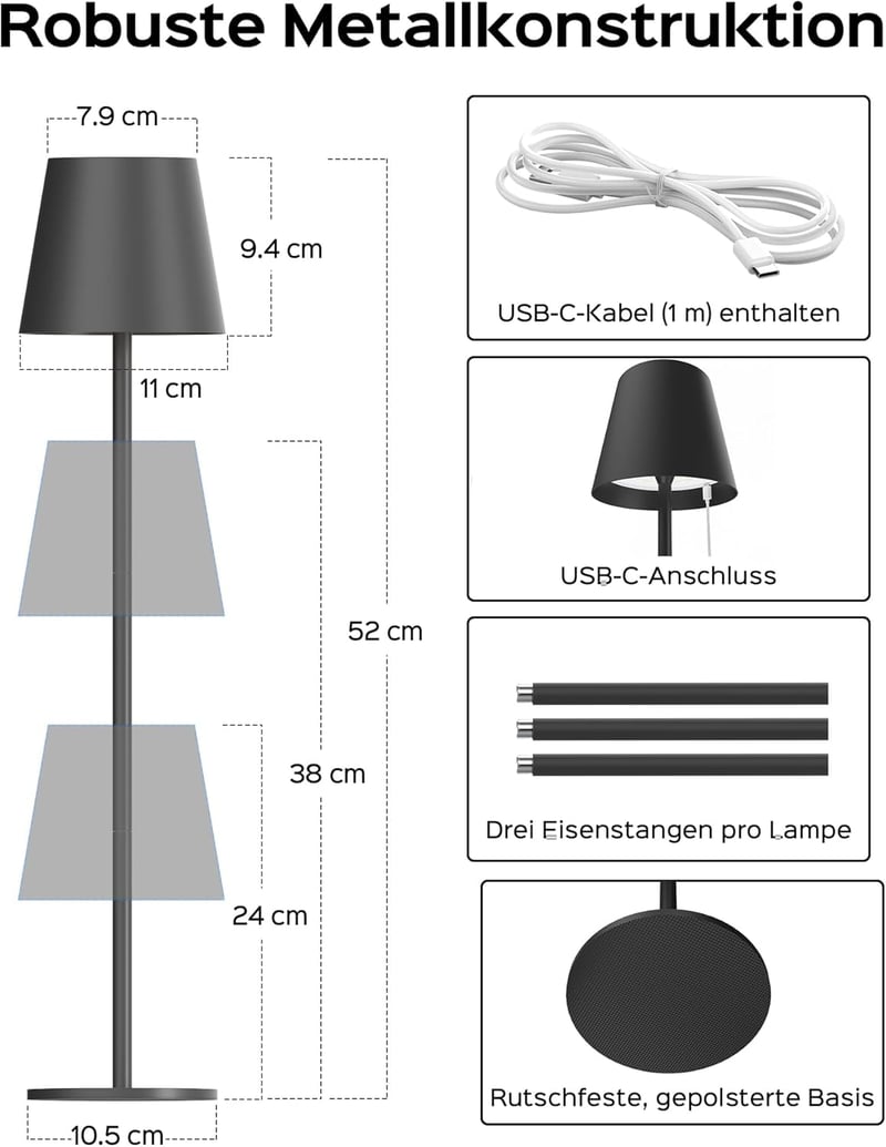 JACKYLED Vezeték nélküli asztali lámpa, 5000 mAh akkumulátor, 3 fokozat magasság, 3 színhőmérséklet, dimmelhető