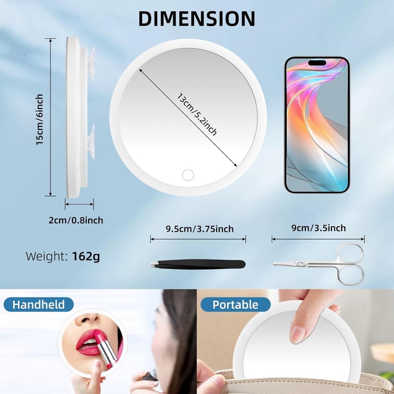 JADAZROR 10X Nagyító Tükör LED Világítással, 15cm Hordozható Kozmetikai Tükör Töltővel