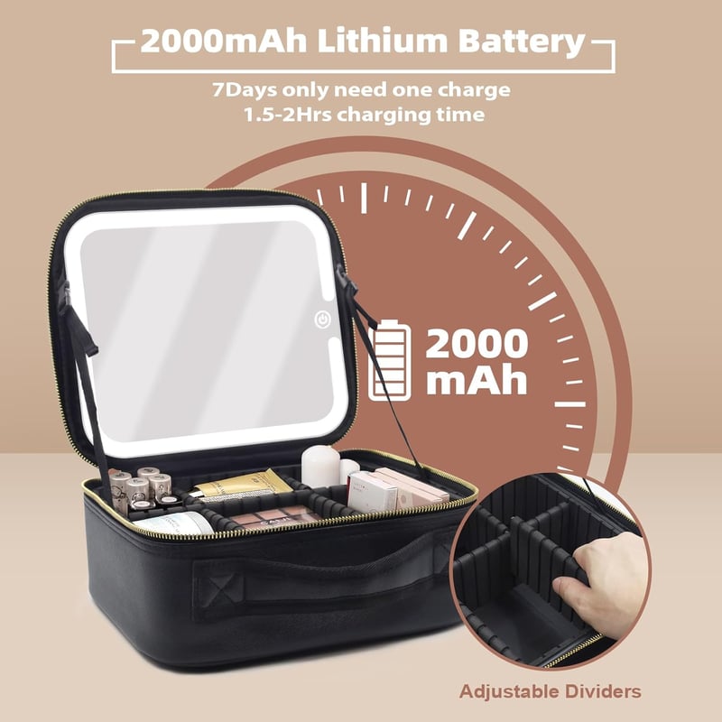 JADAZROR Sminkdoboz LED Világítással és Tükörrel - Hordozható Kozmetikai Táska Állítható Rekeszekkel, Újratölthető 2000mAh, Fekete