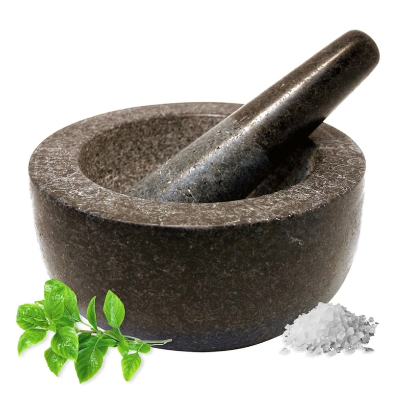 JADE TEMPLE Mojar cu pistil, granit masiv, diametru 18 cm, înălțime 8,5 cm, gri