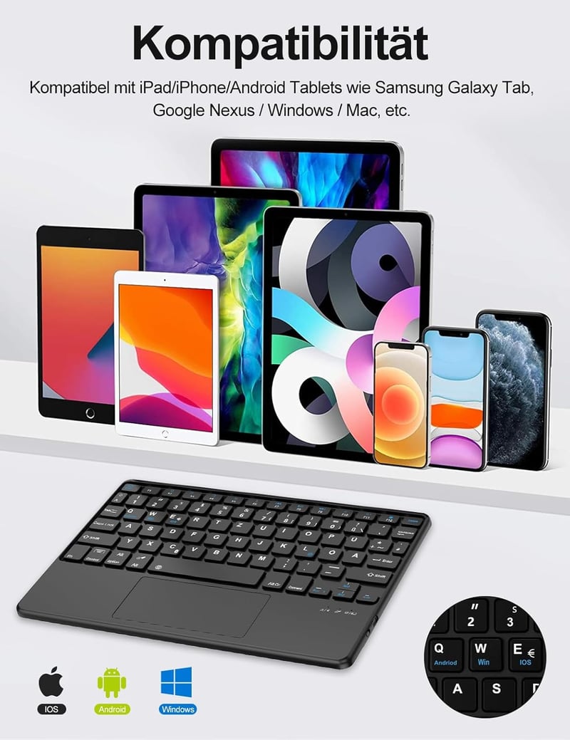 JADEMALL Bluetooth Billentyűzet Touchpad-dal QWERTZ 10 Colos Tablethez Fekete