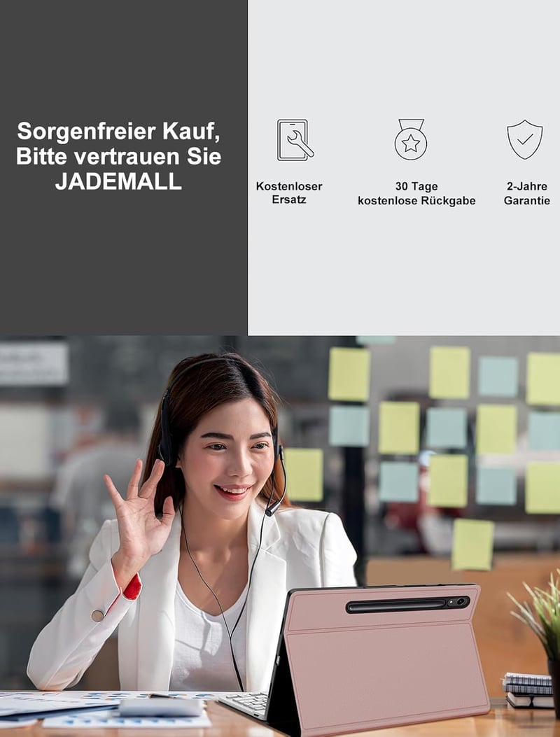 JADEMALL Bluetooth Billentyűzetes Tok Samsung Tab S10 FE/S9 FE/S9 10.9/11" Tablethez - Német QWERTZ, Levehető, Tartós Akkumulátor, Toll Tart