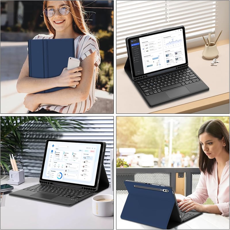 JADEMALL Francia AZERTY Bluetooth Billentyűzet Trackpaddal Samsung Tab S9 FE+/S9 Plus 12.4" Tablethez - Kék Védőtok Érintőpaddal, Állítható 