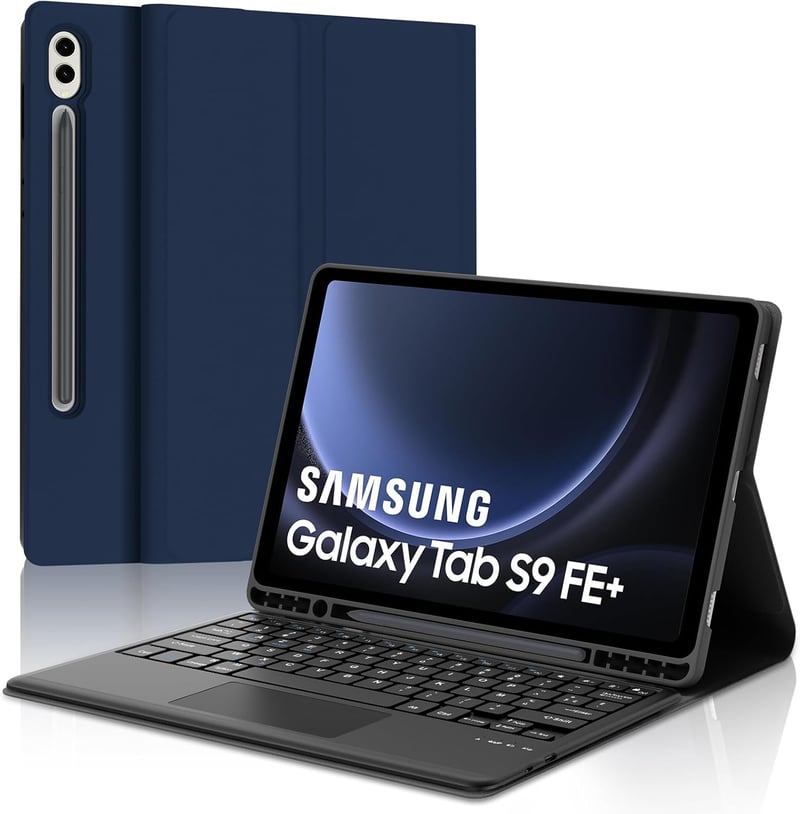 JADEMALL Francia AZERTY Bluetooth Billentyűzet Trackpaddal Samsung Tab S9 FE+/S9 Plus 12.4" Tablethez - Kék Védőtok Érintőpaddal, Állítható 