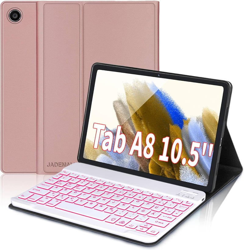 JADEMALL Galaxy Tab A8 tok RGB billentyűzettel, német QWERTZ Bluetooth, rozéarany